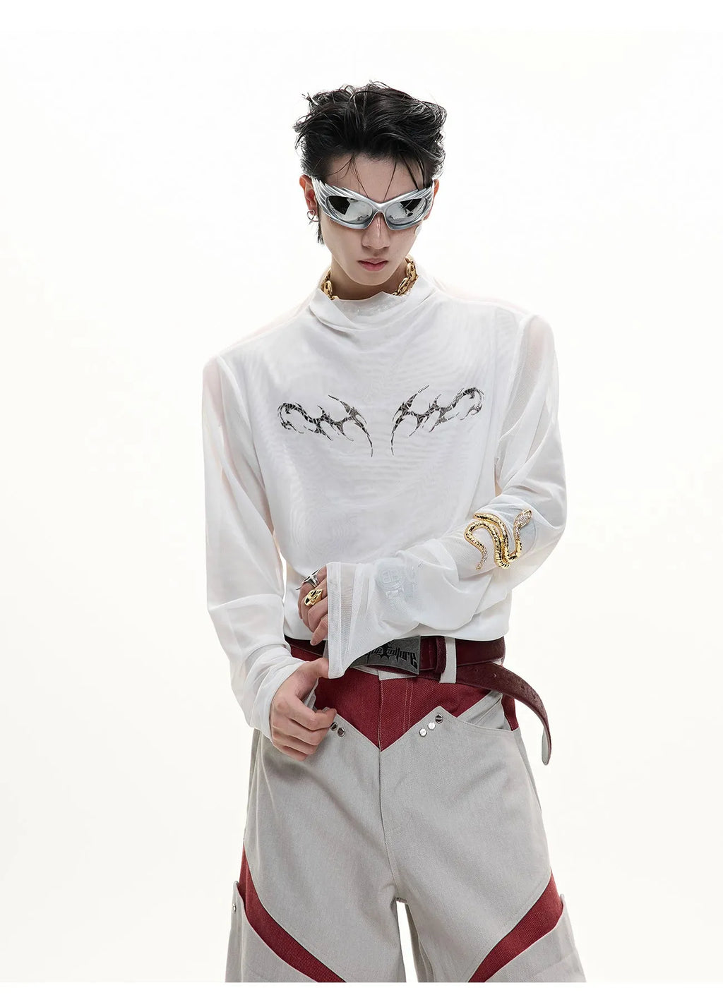Men's black slim-fit mesh long-sleeve bottoming shirt laid flat, showing texture.