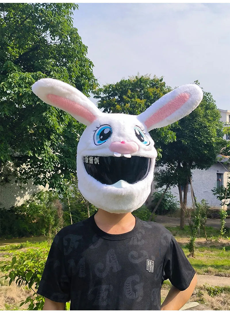 White rabbit head decorative cover for electric motorcycle helmet with plush interior