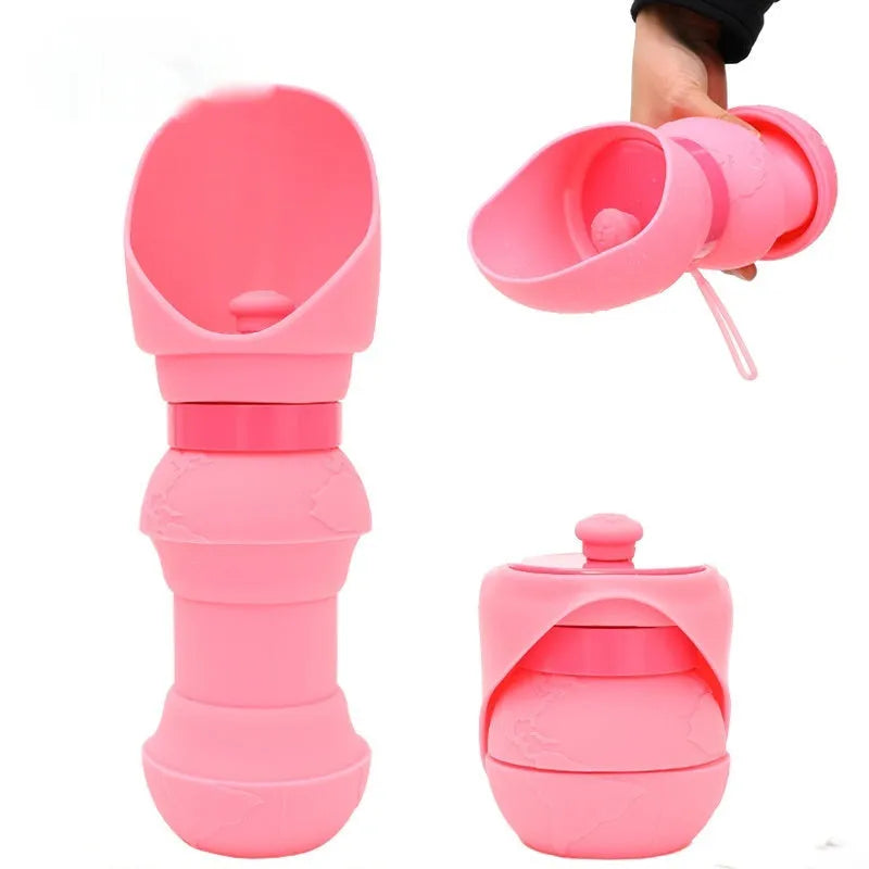Collapsed and expanded views of a silicone folding water cup for pets in a choice of colours.