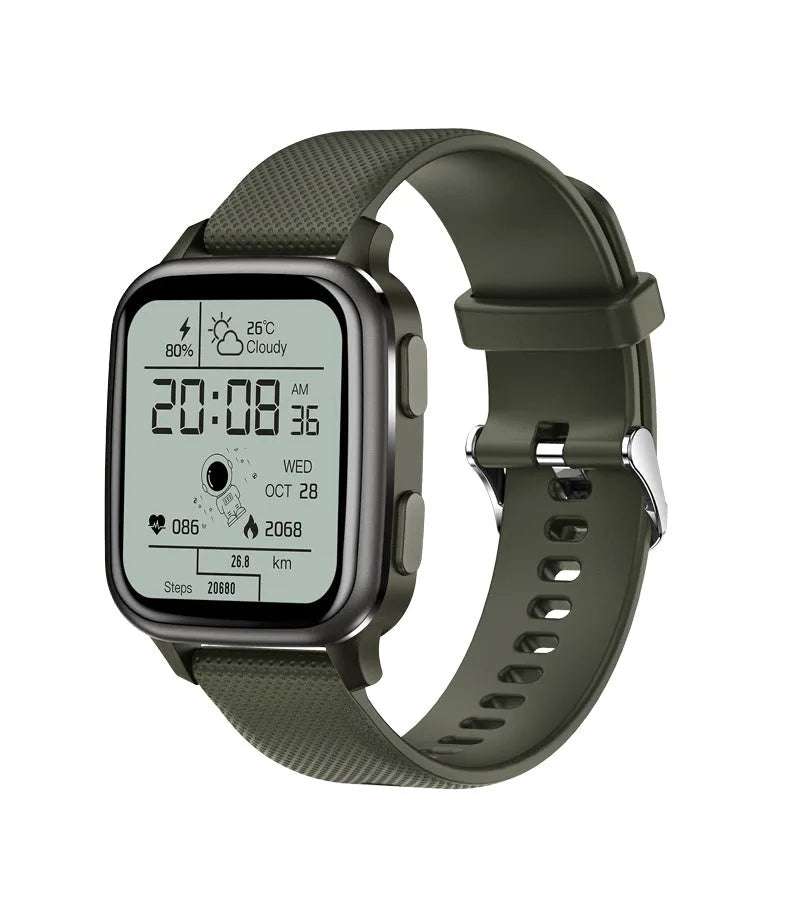 Smart watch with aluminium alloy case showing Bluetooth call, heart rate monitoring, and fitness tracking features