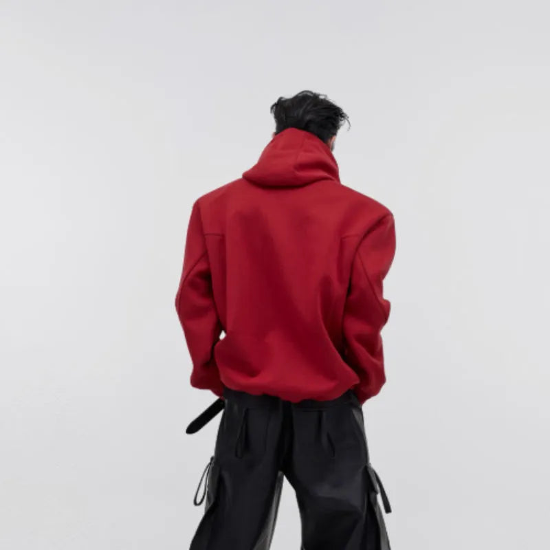 Men's red loose hooded sweater with heavy shoulder pads and metallic 3D printed graphic design