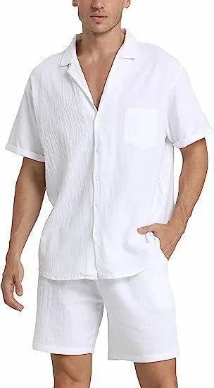 Men's flax linen short-sleeved top and matching shorts set in army green on a hanger.