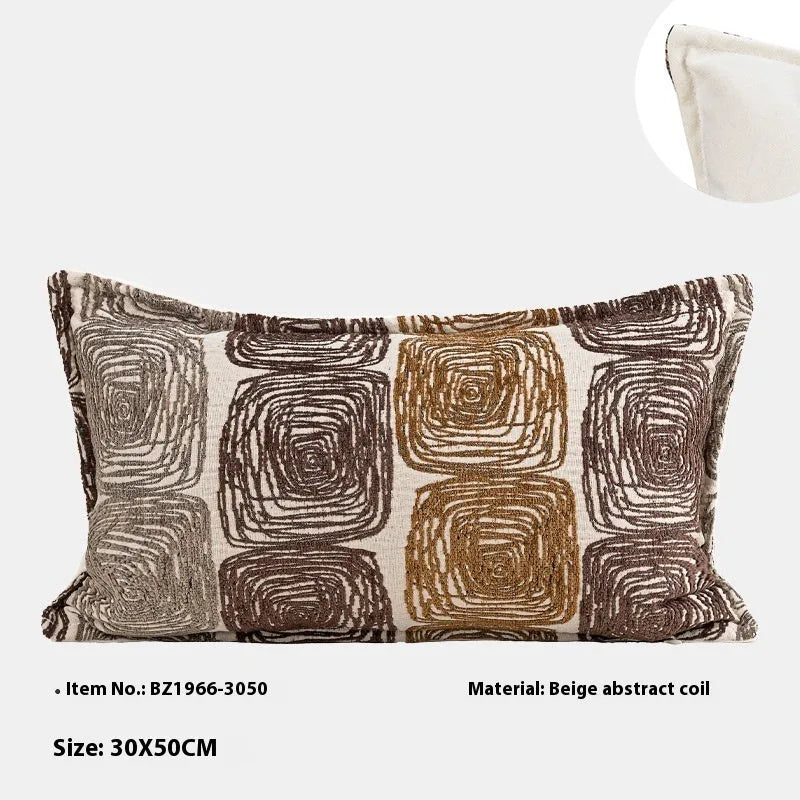 Square and rectangular pillow covers with abstract cream and coffee coil pattern on polyester fabric.