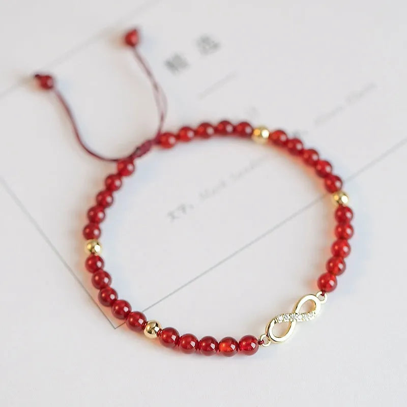 Hand-woven red agate beads bracelet with diamond-shaped arrangements in ethnic style design