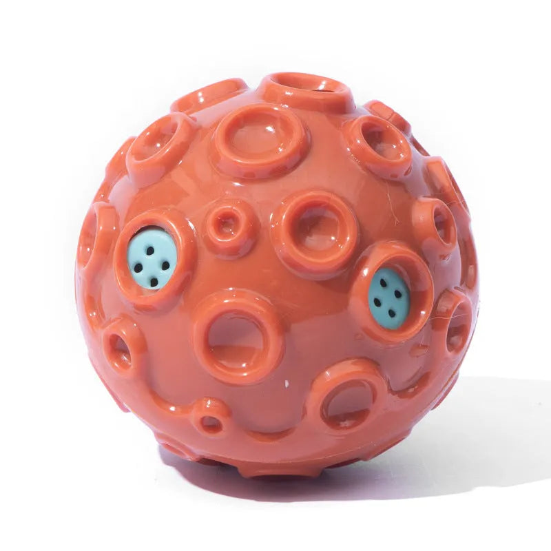 Durable natural rubber dog toy ball with meteorite-shaped bumps in multiple colour options