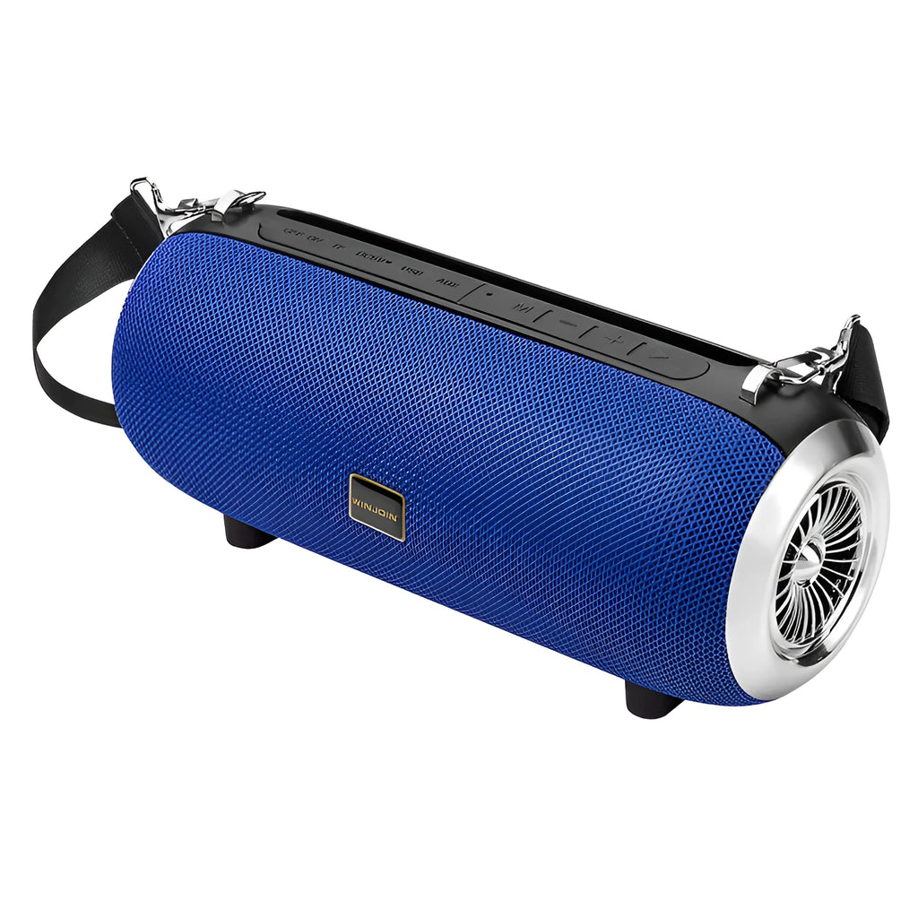 F666 portable Bluetooth speaker in mesh plastic case with shoulder strap, shown next to a mobile phone.