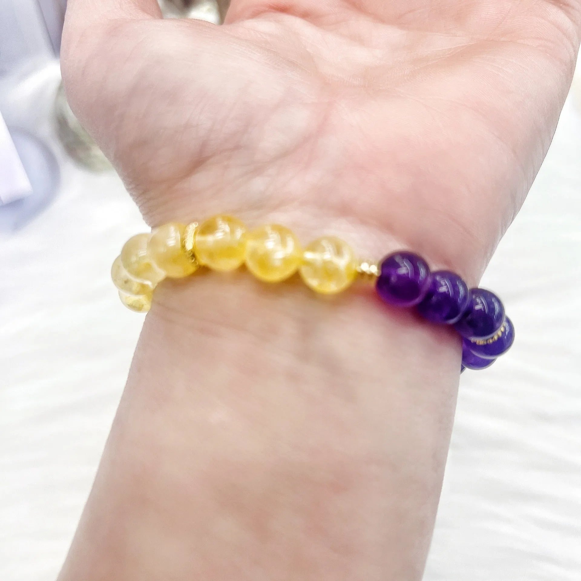 Handmade amethyst crystal bracelet with yellow and purple beads for women