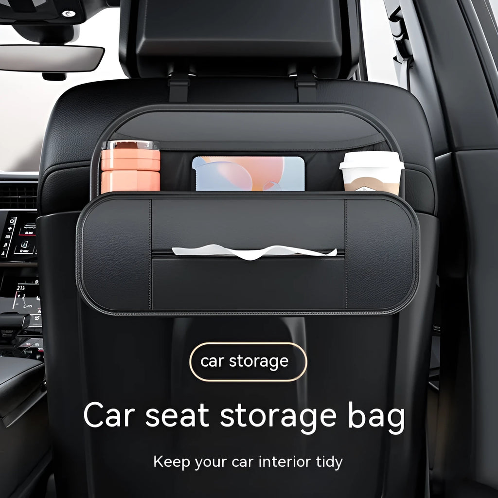 Black leather car seat storage bag with dimensions 36cm wide by 8cm tall by 24cm deep