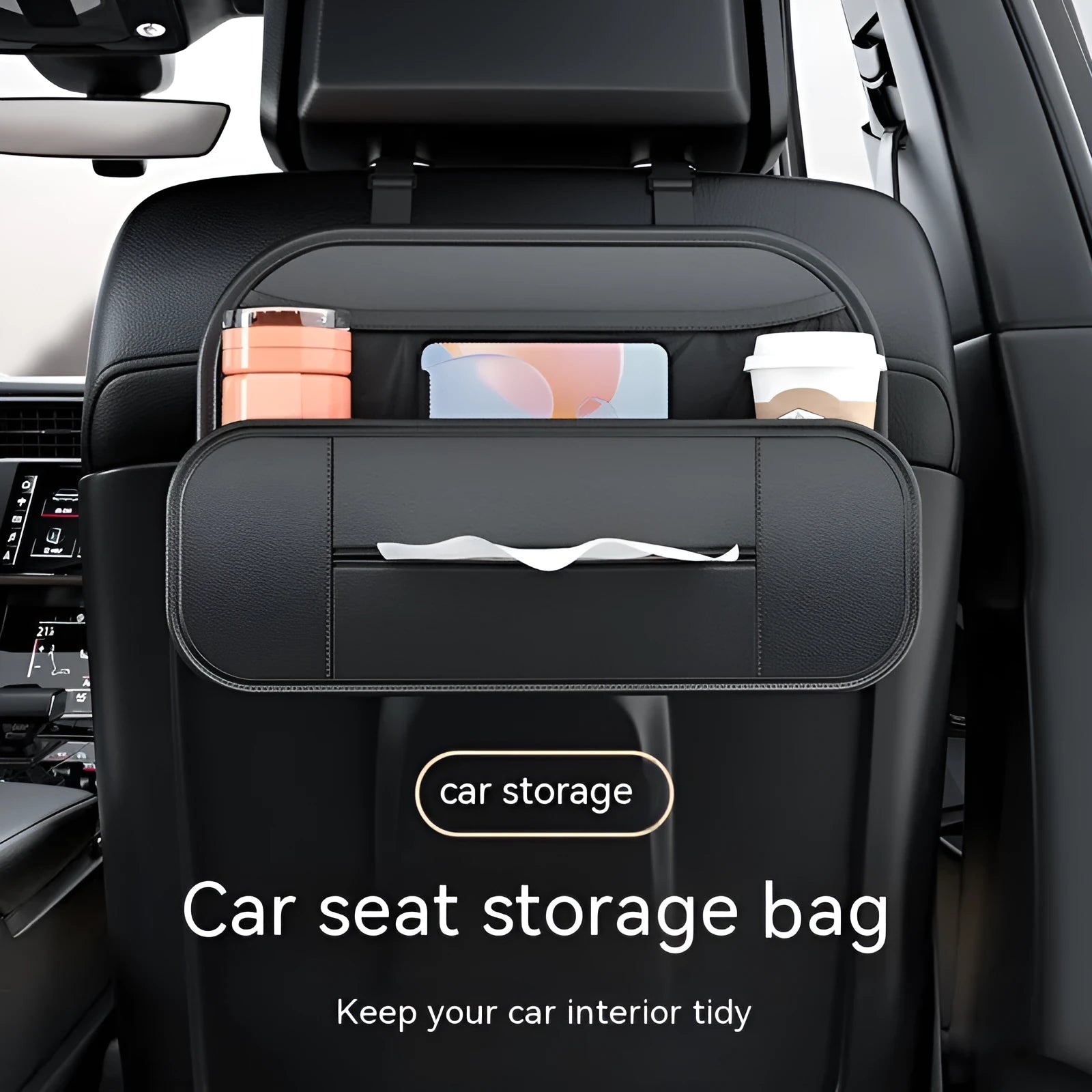 Black leather car seat storage bag with dimensions 36cm wide by 8cm tall by 24cm deep