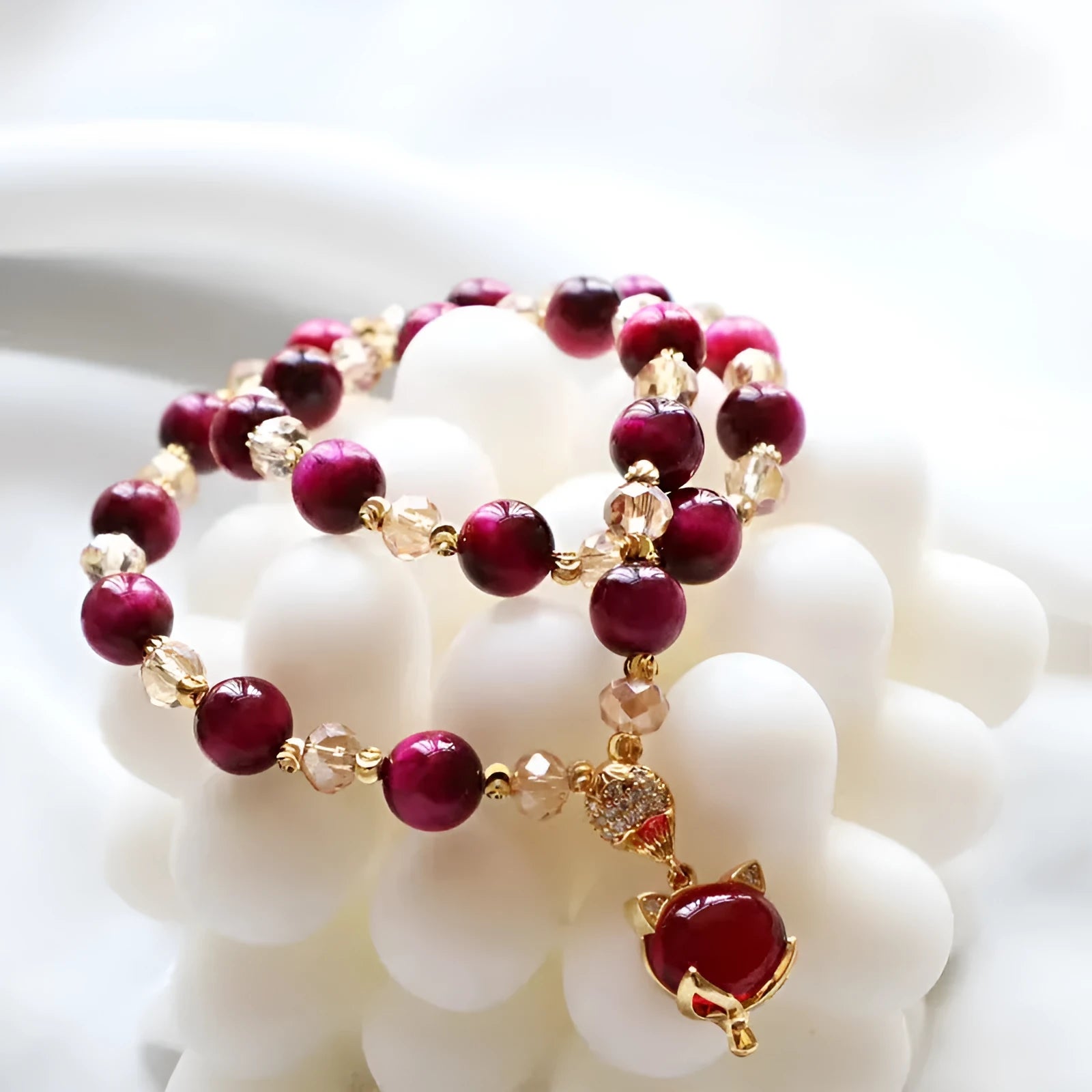 Handmade natural Tigereye stone bracelet with chain design in green or rose red colour options