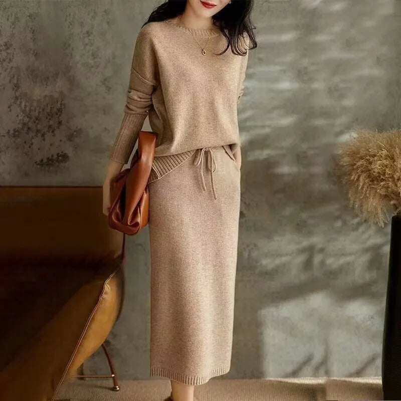 Coffee-coloured knitted two-piece set for women with long sleeve loose top and mid-length skirt