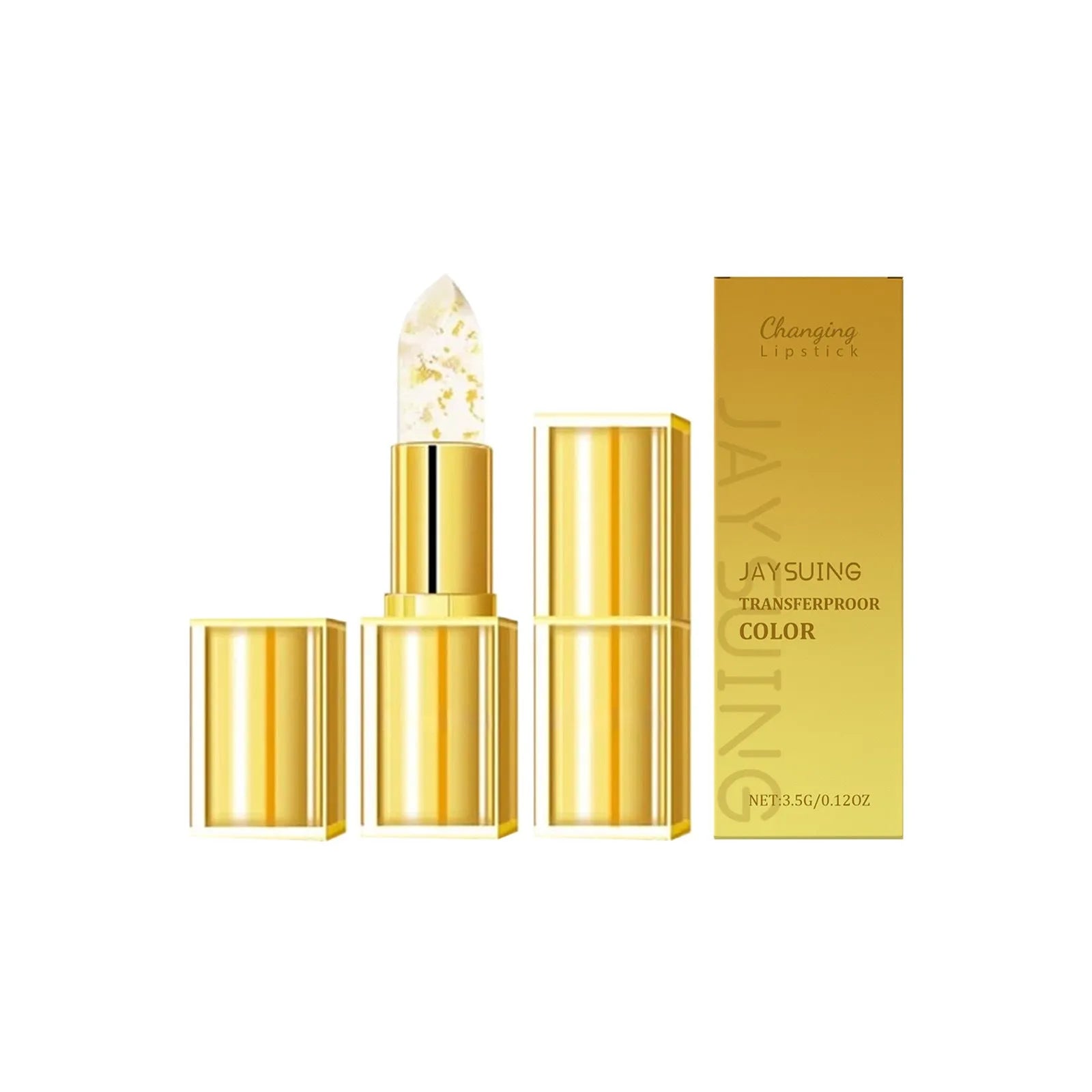 Gold foil nourishing lipstick bullet in a 2.6cm diameter case, net weight 3.5g.