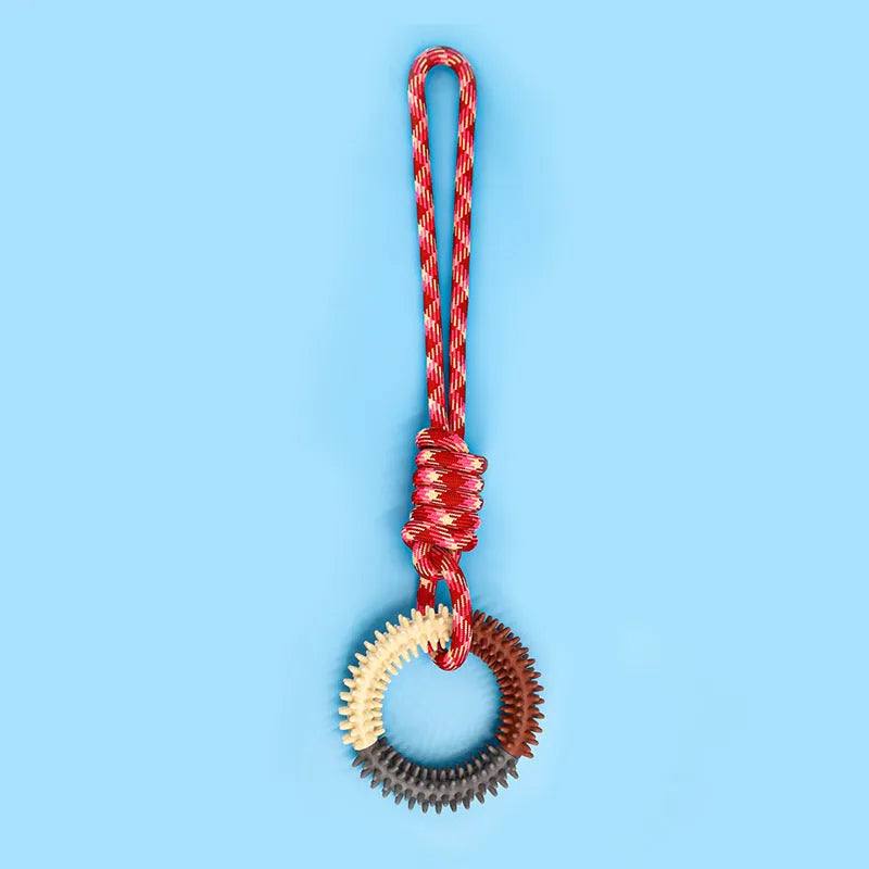 Braided rope dog toy with knot design in blue colour, 43 cm long chew toy for puppies