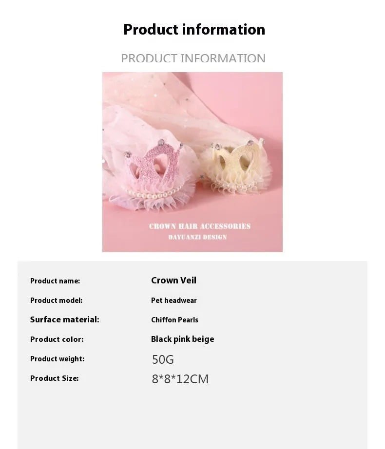 Cat wearing a princess crown headdress with a long, flowing veil in beige or pink colour.
