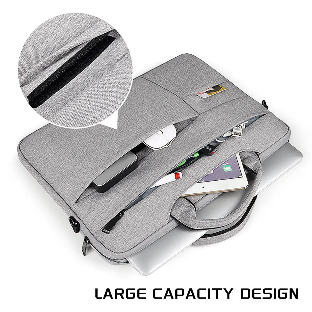 Water-repellent laptop carrying case in Black, with luggage strap and shoulder strap, for 13.3 to 15.6 inch laptops.