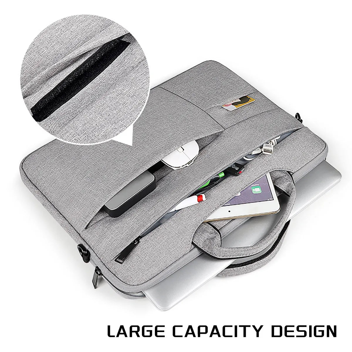 Water-repellent laptop carrying case in Black, with luggage strap and shoulder strap, for 13.3 to 15.6 inch laptops.