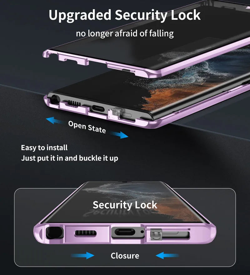 Peep-proof magnetic mirror phone case in multiple colours for Samsung S24 Ultra and S23 Ultra.