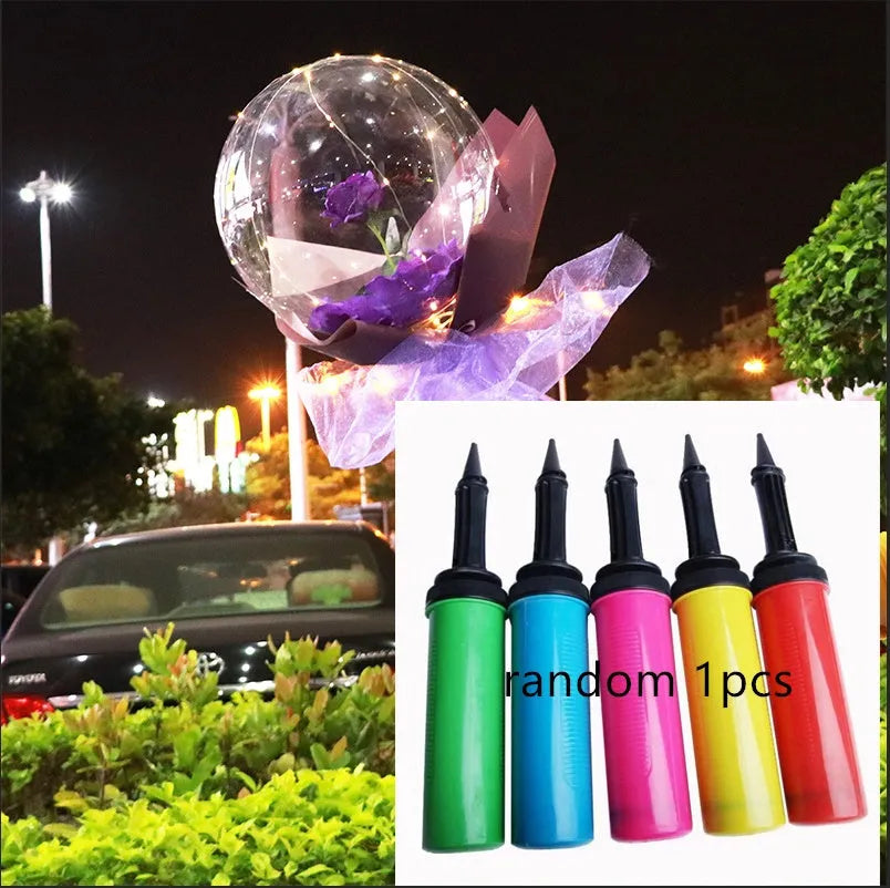 Transparent LED luminous balloon with artificial rose and built-in light, shown as a DIY bouquet kit.