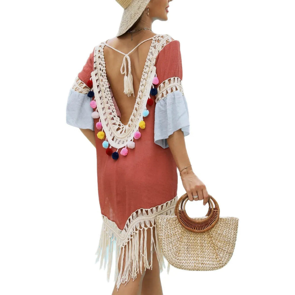 Orange floral beach overskirt with hand crochet stitching and tassel detailing