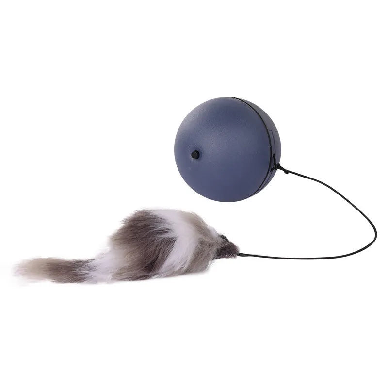 Interactive blue and orange cat toy ball with removable plush mouse for feline play