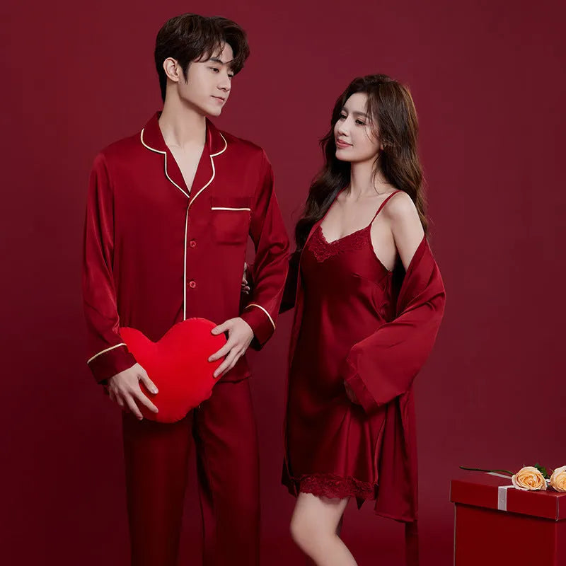 Red polyester ice silk sleepwear set for men and women with long sleeves and trousers