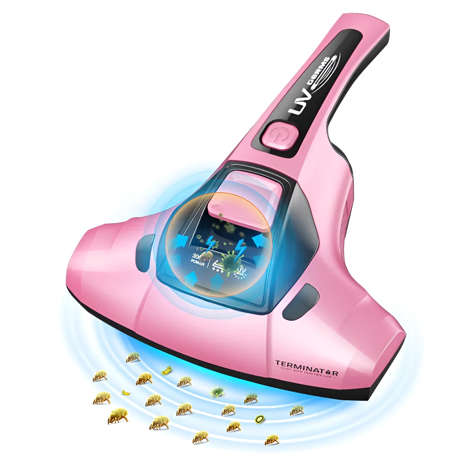 Pink handheld vacuum cleaner with UV-C light for mite removal on a sofa.