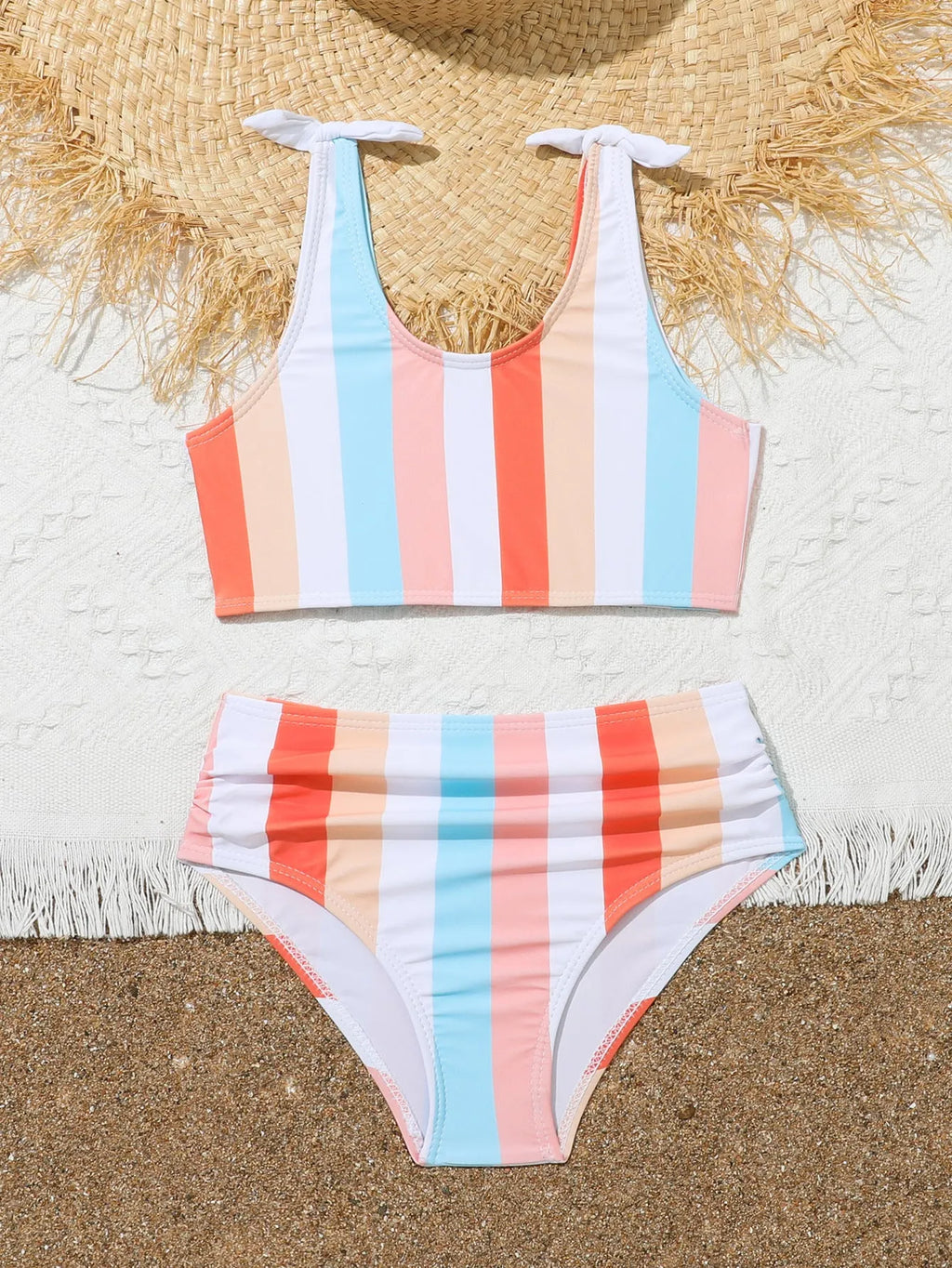 Girls printed plaid swimsuit set with briefs, polyester lining, sizes 2-3T to 11-12T, multiple colours