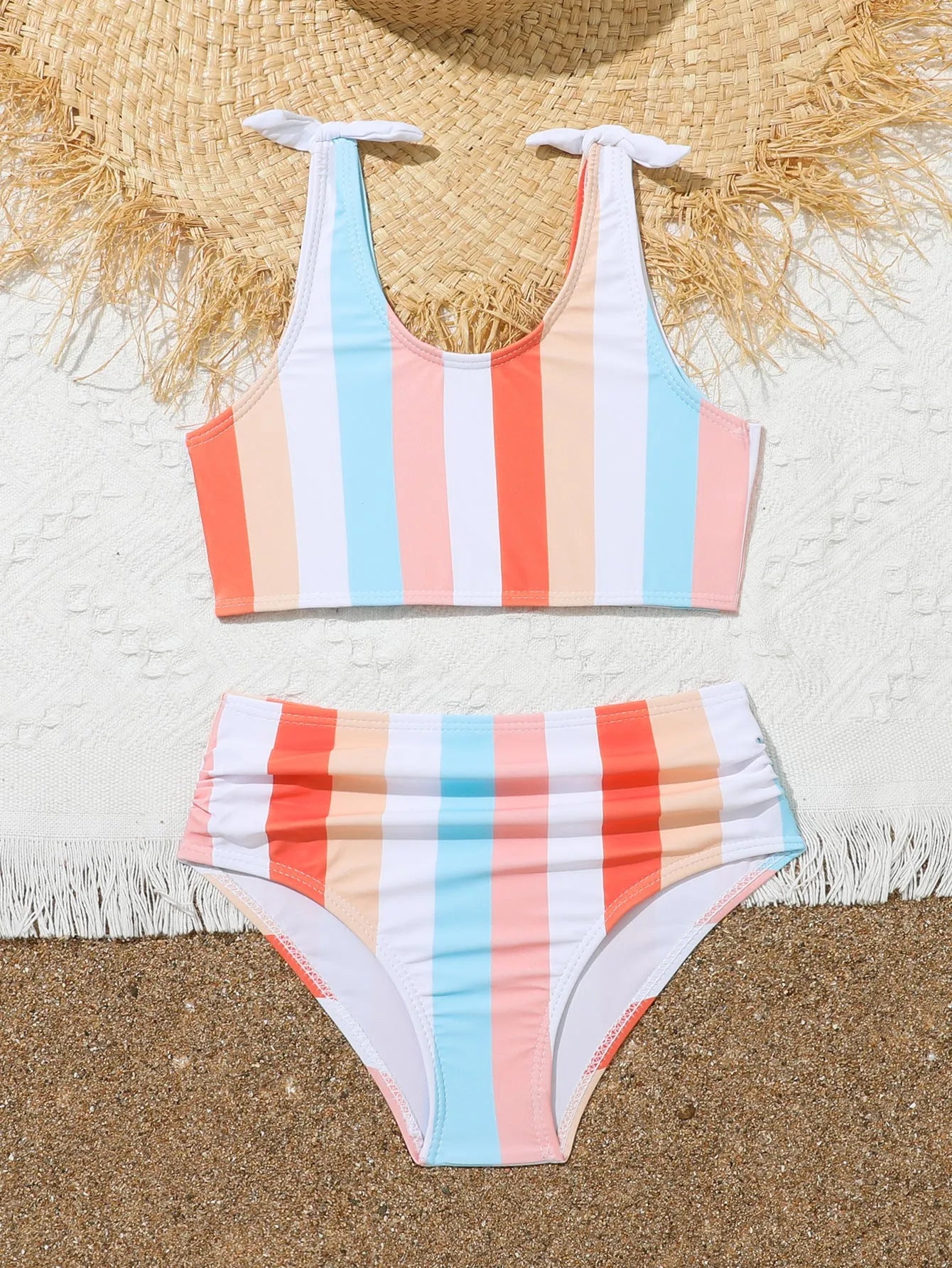 Girls printed plaid swimsuit set with briefs, polyester lining, sizes 2-3T to 11-12T, multiple colours