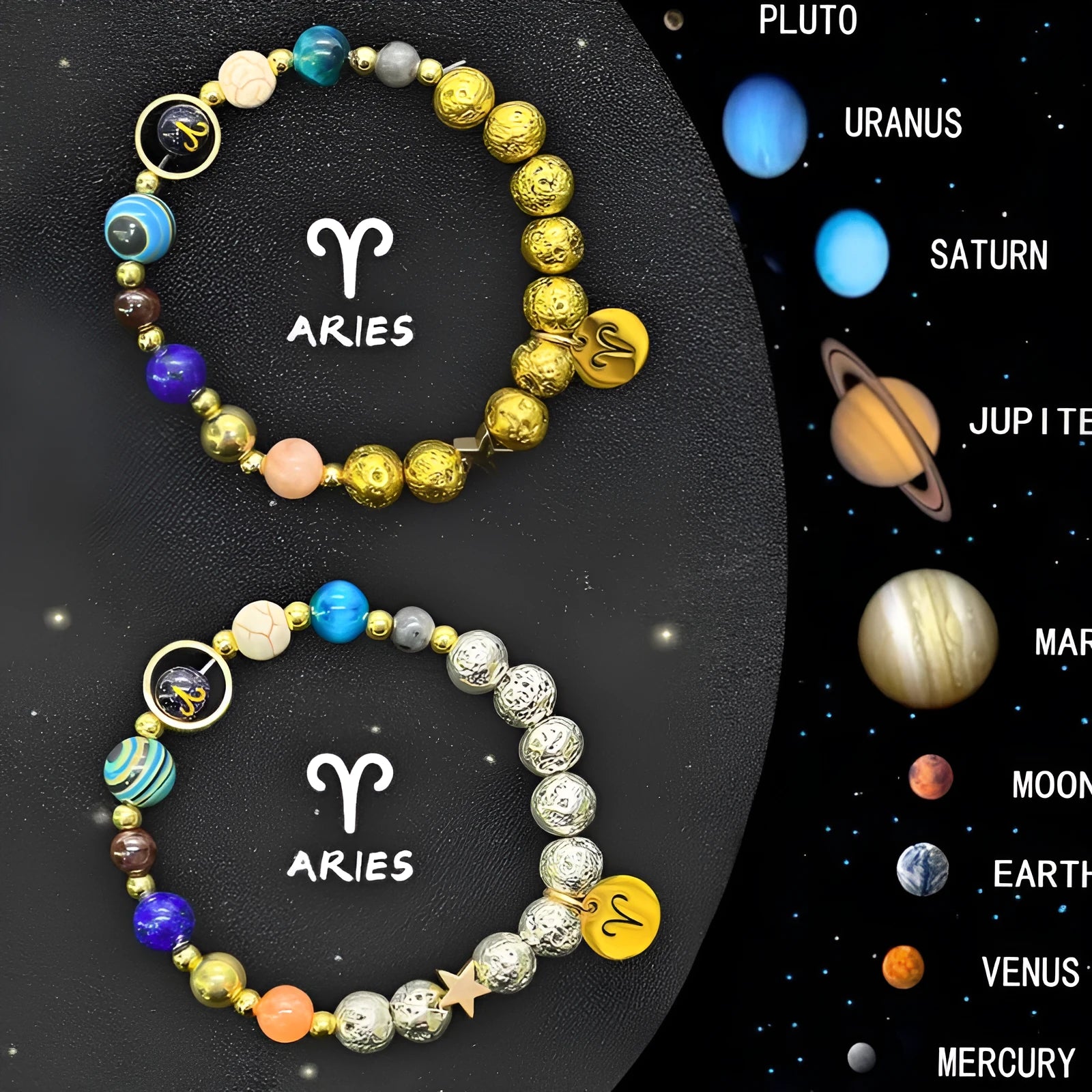 Set of twelve natural stone beaded bracelets, each representing a different zodiac sign.