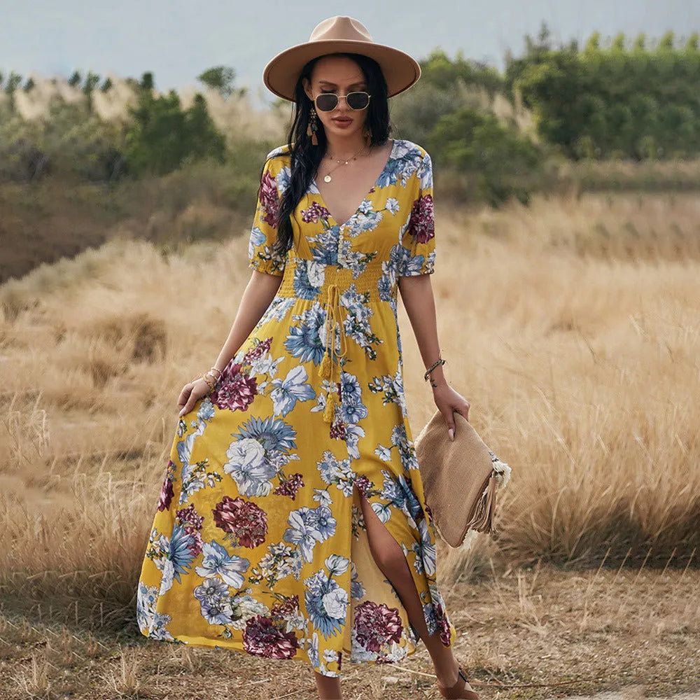 Women's floral summer dress with V neck and elastic waist in yellow colour