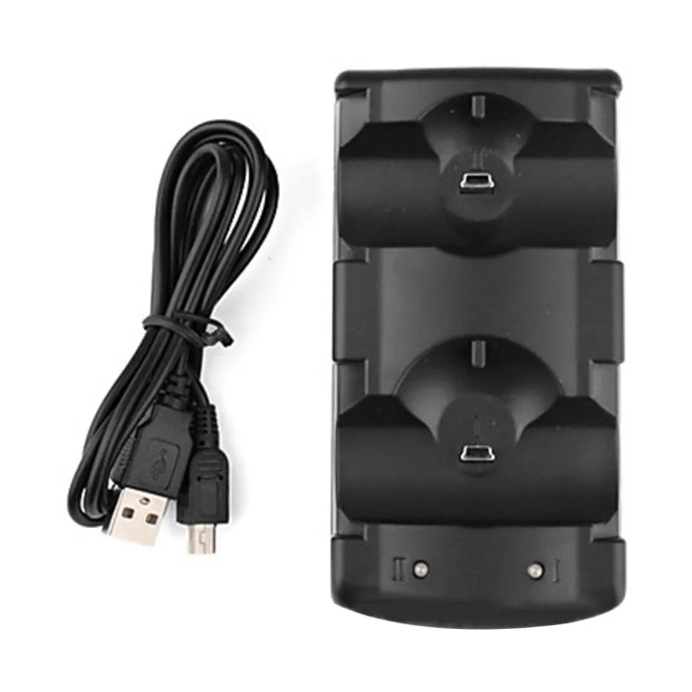 Black PS3 dual charging dock holding two wireless controllers with connected USB cable