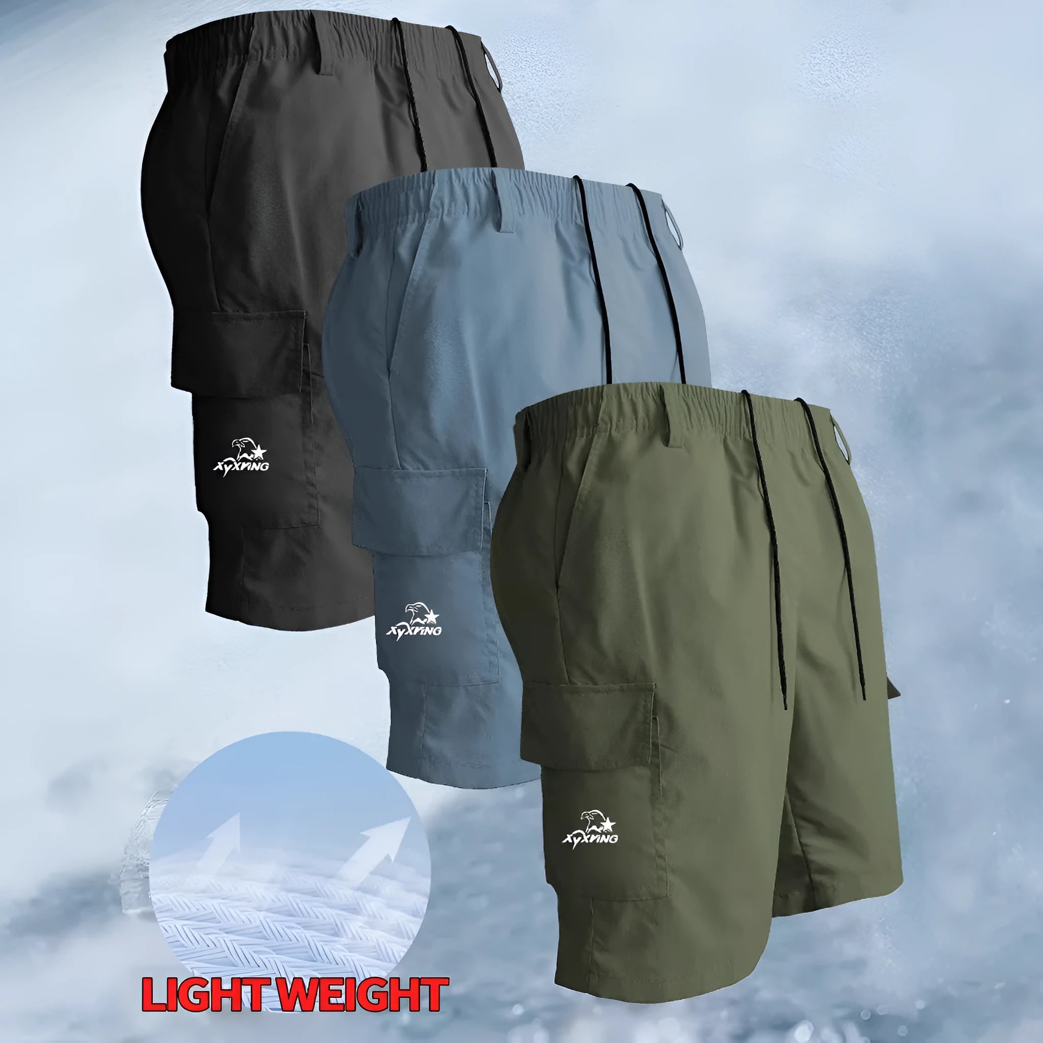 Loose straight-leg casual shorts in blue, American sport style, made from polyester fabric.
