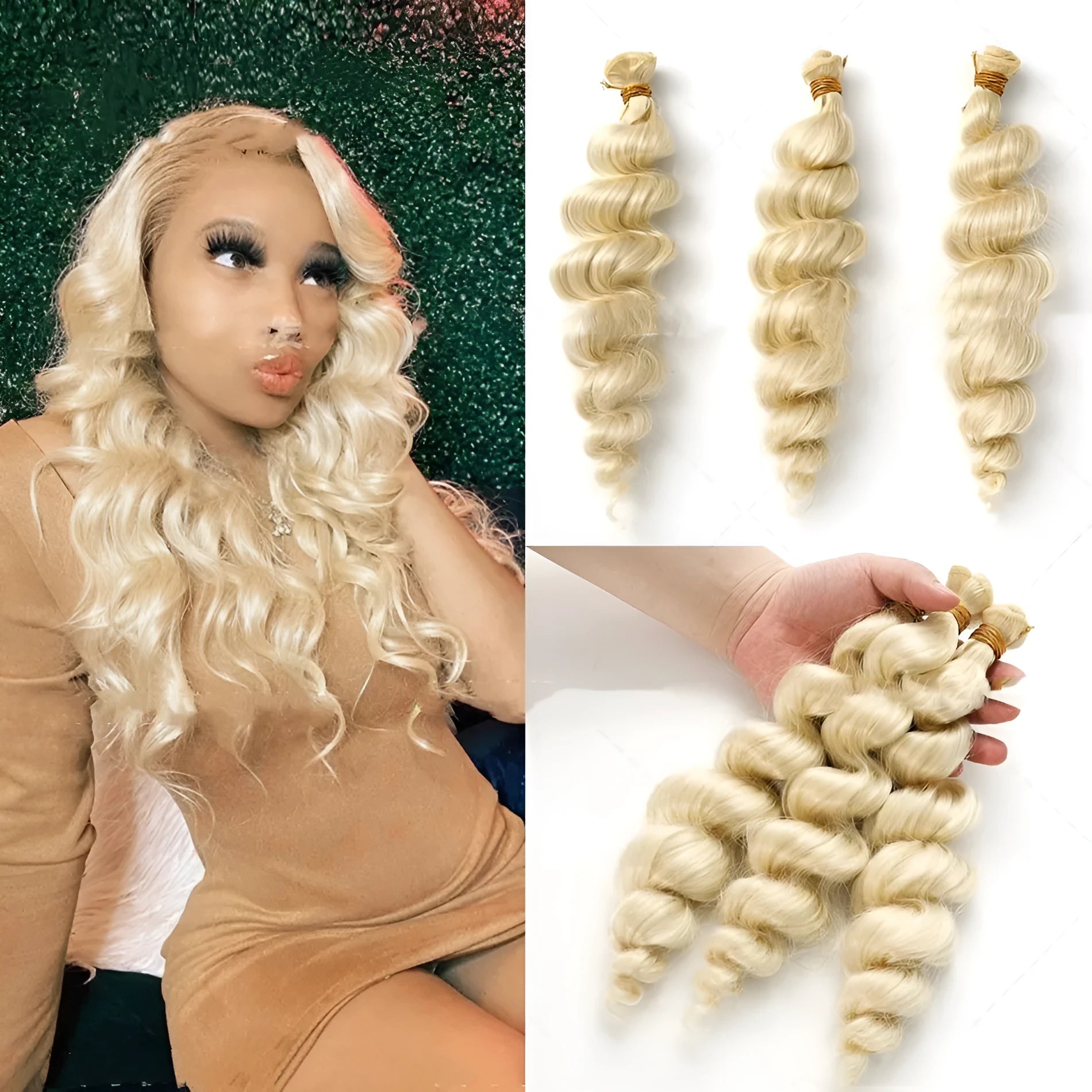 Golden women's chemical fibre wig in 18, 20, and 22 inch lengths.