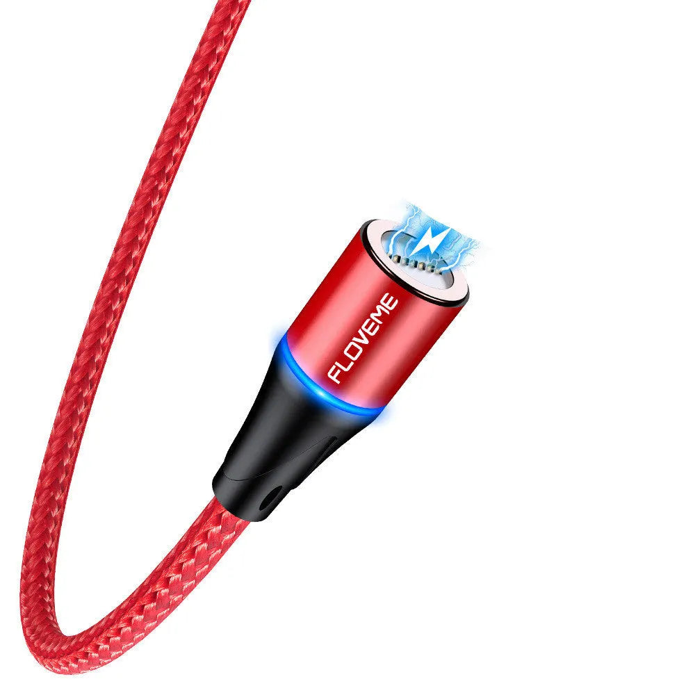 Black magnetic data cable with LED light and interchangeable iPhone, Android, and Type-C heads.