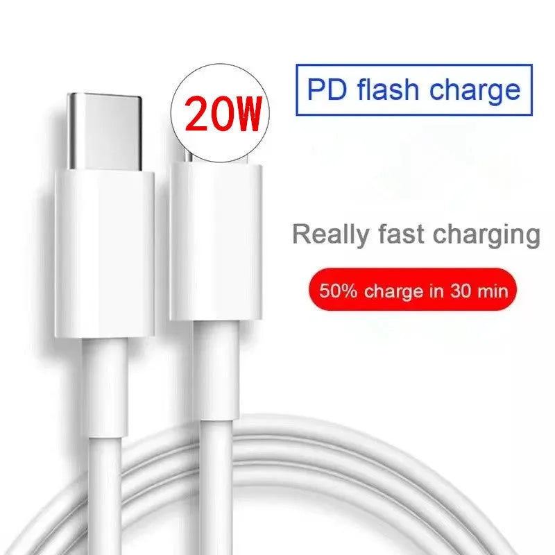 White USB C fast charging cable 18W 20W PD with single-head connector on a clean background
