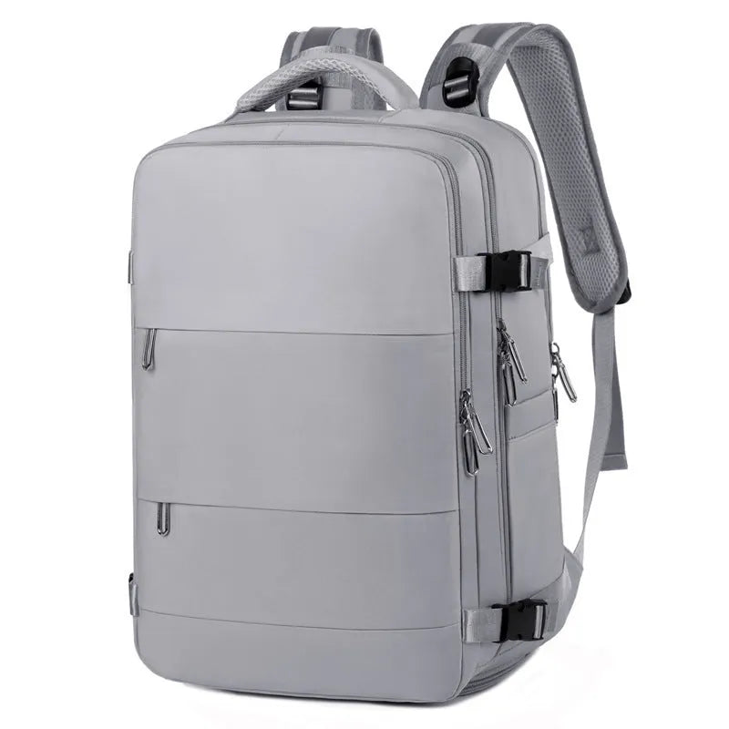 Large-capacity travel backpack in purple, grey, black, or pink with organised compartments and waterproof Oxford fabric