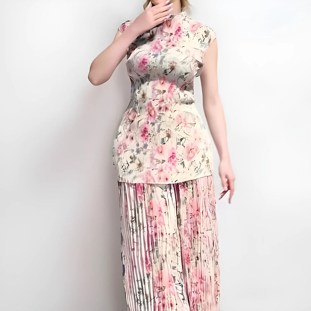 Long sleeve printed chiffon top and matching high-waist skirt set for women.