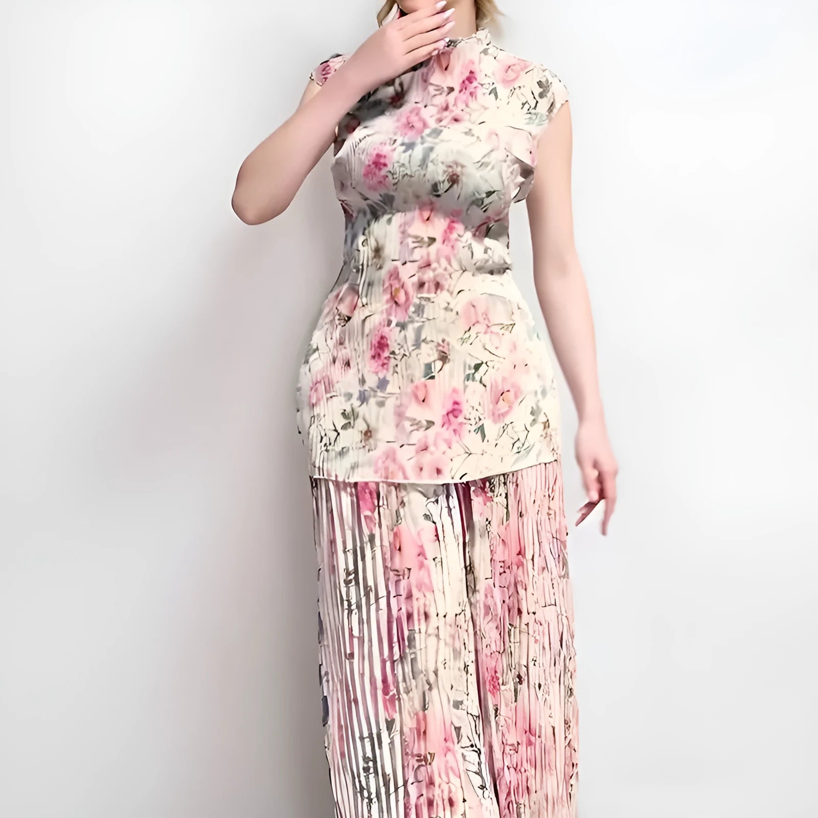 Long sleeve printed chiffon top and matching high-waist skirt set for women.