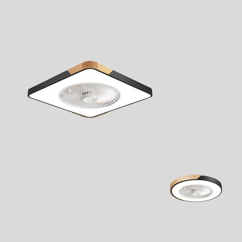 Nordic ceiling fan light with solid wood frame shown in rectangular, round, and square shape options.