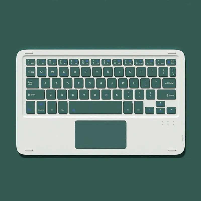 Pink wireless keyboard and mouse combo with slim touch keyboard and Bluetooth connectivity on wooden desk