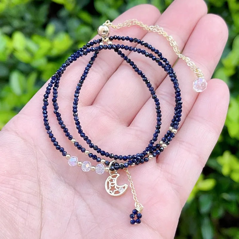 Blue sand three-ring women's bracelet with multi-layer design and gold-toned accents