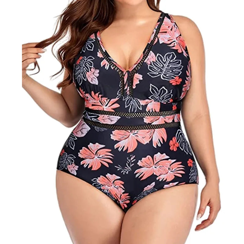 Black print plus size women's bikini swimsuit made from polyester mesh fabric, showing sleeveless design.