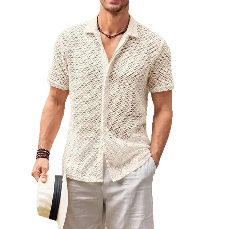 Men's short sleeve mesh cardigan shirt in cotton blend fabric available in beige, black, and white colours