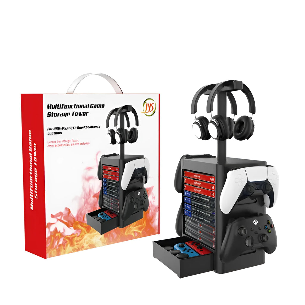 Black gaming console storage rack holding controllers headphones and game accessories
