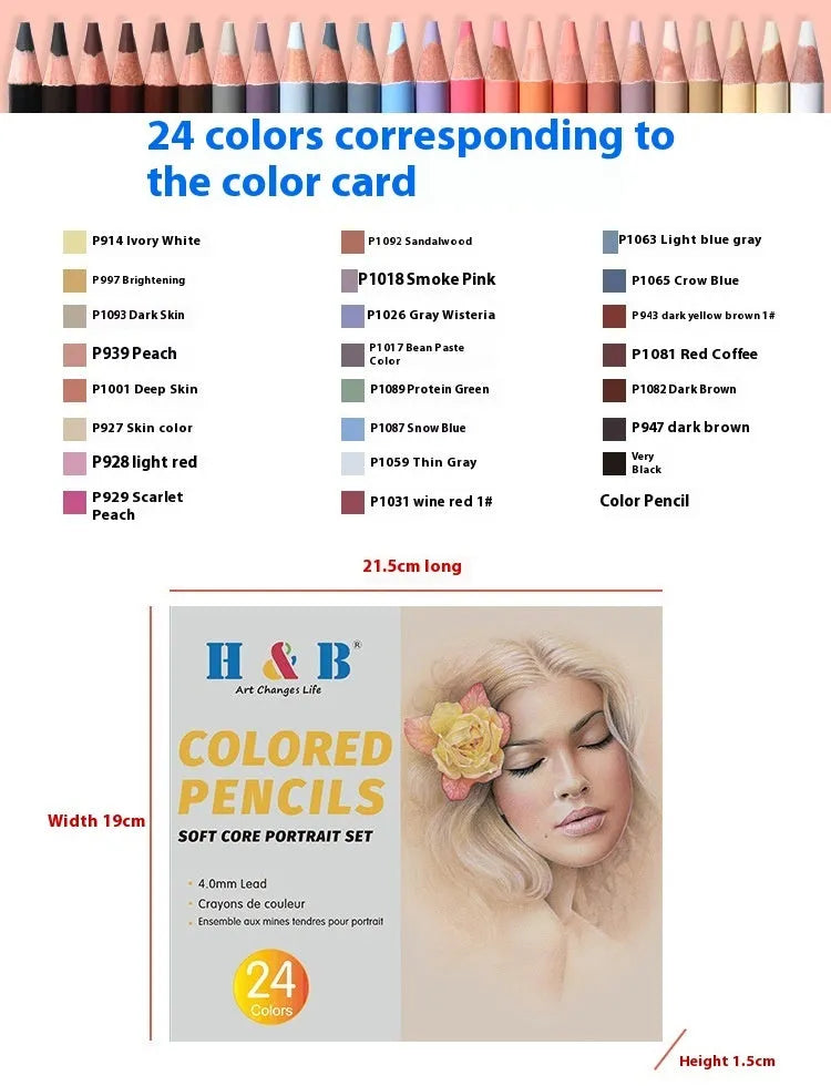 Set of 24 skin tone colour pencils in a round iron art case for portrait drawing.