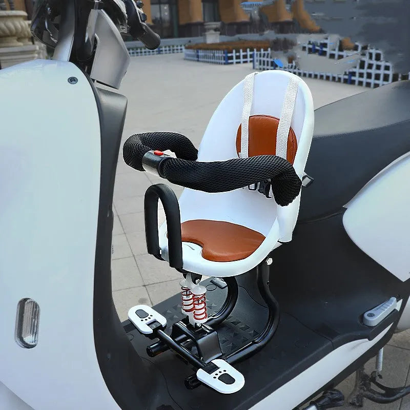 Front baby scooter safety seat with high carbon steel frame in white, red, or black