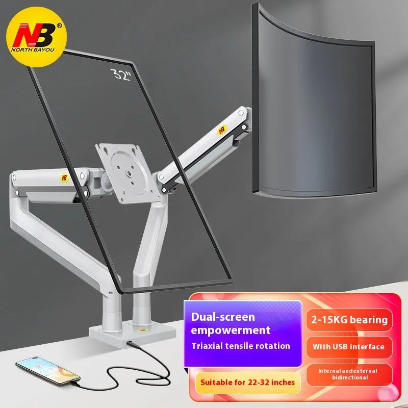 Aluminium alloy dual monitor desktop bracket in gun black colour, showing two adjustable arms for screens.