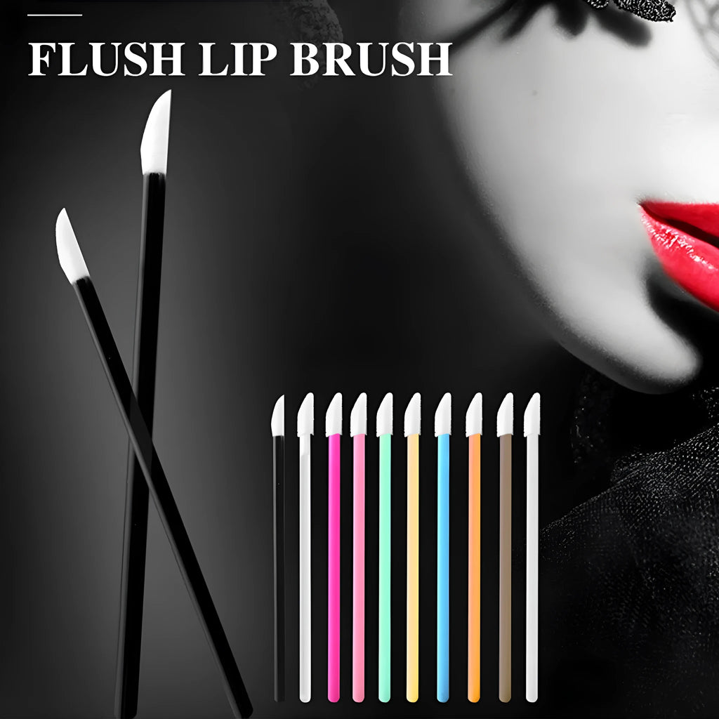 Pack of disposable lip brush applicators with flocked heads and black handles on a white background.
