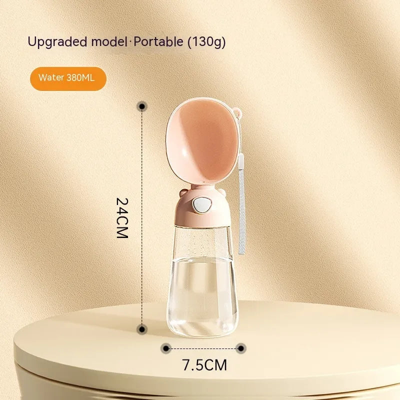 Portable dog water bottle and feeder bowl in brown, pink, or yellow colours for outdoor use