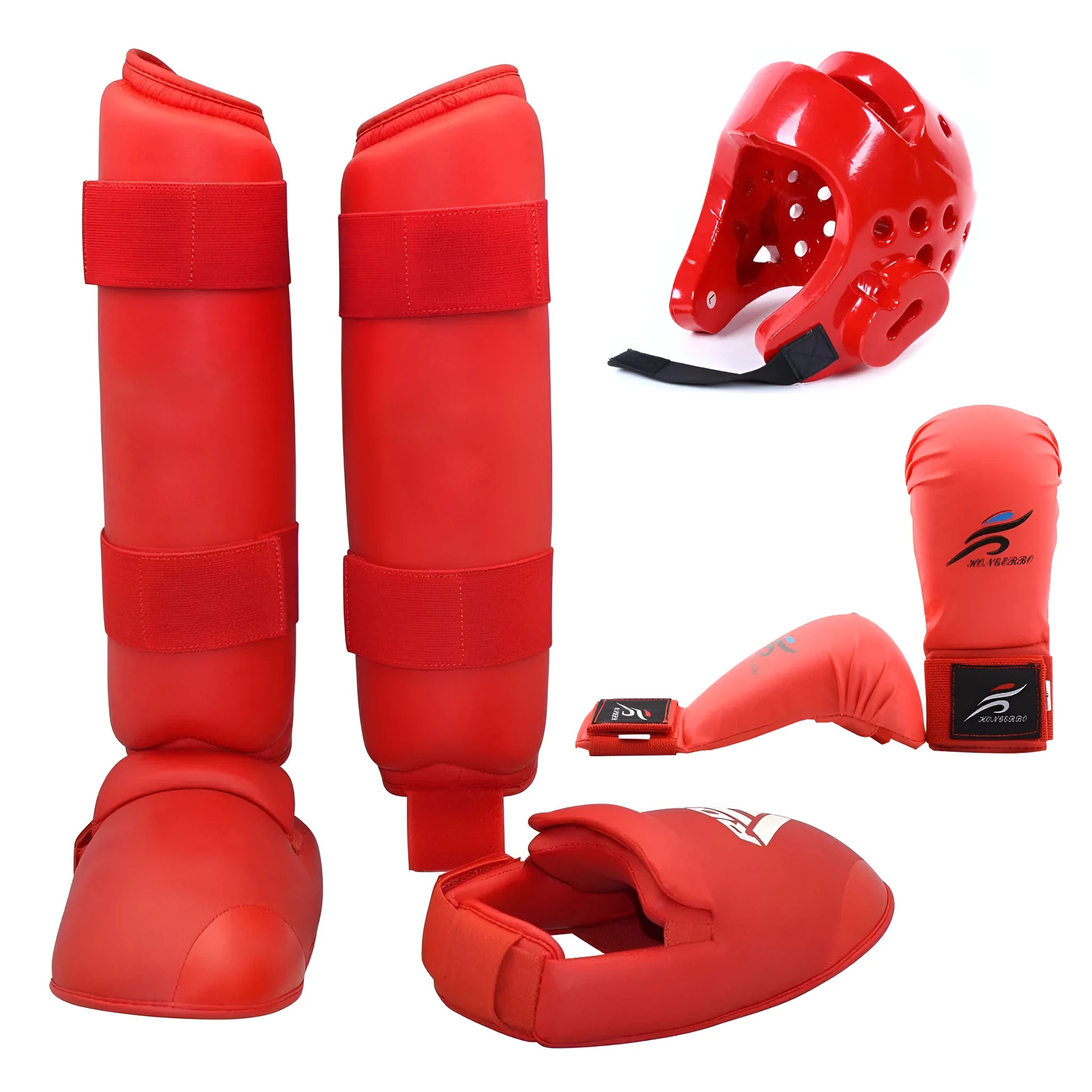 Karate protective gear set with red boxing gloves, leg guards and helmet for martial arts training